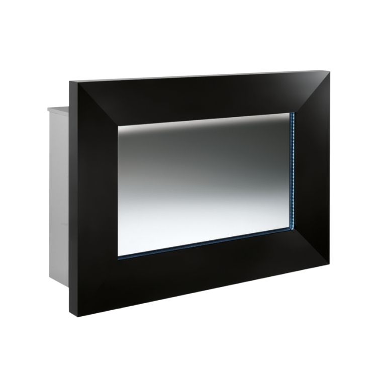 Allure receptionsdisk med svart högglansram och spegelfront, exklusiv design för salong.