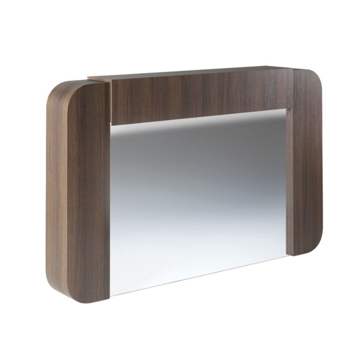 Maita receptiondisk i mörk träfinish med spegelfront, frontvy för frisörsalong.