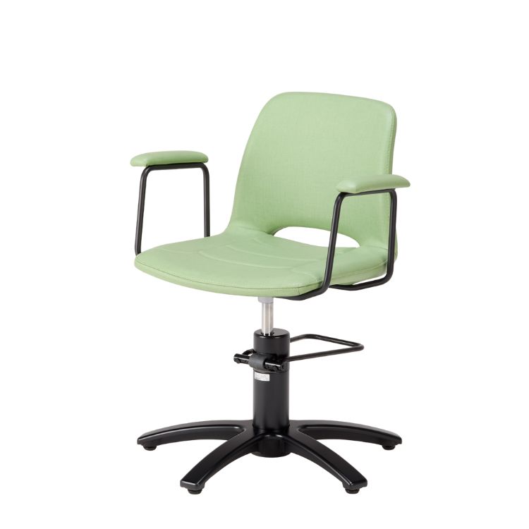 Margot frisörstol från Takara Belmont i grön klädsel, frontvy.