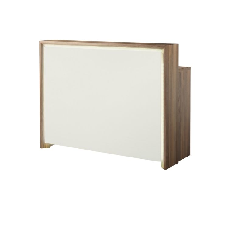 Pandora receptionsdisk med träbeklädnad och integrerad LED-belysning, frontvy.