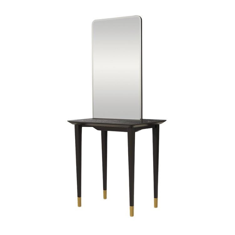 Rhea fristående dubbel arbetsstation för frisörsalong med spegel, svart stomme och mässingsdetaljer.