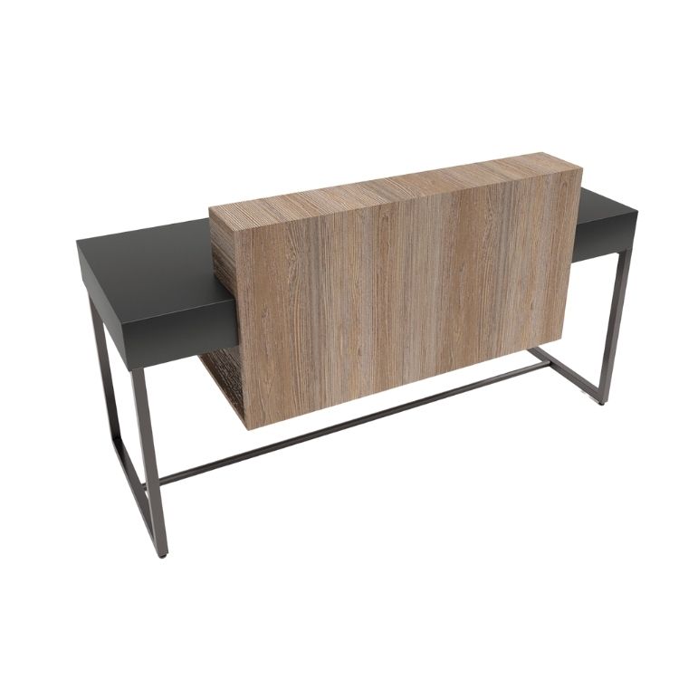 Hello02 receptionsdisk med metallstomme och träfront, produktvy framifrån.