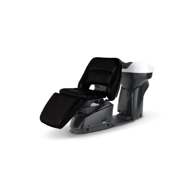 YUME Espoir ESL schamponeringsstol i svart med motoriserat ryggstöd och keramisk skål.