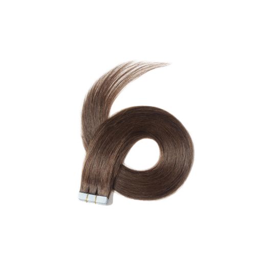 Bruna tejpextensions som representerar kategorin löshår